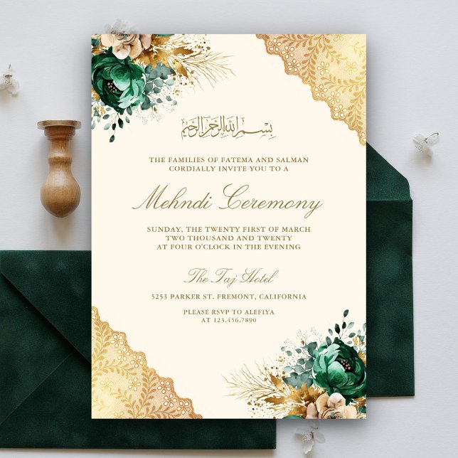 Emerald Floral Gold Lace Muslim Mehndi Ceremony Invitation (Creator Uploaded)