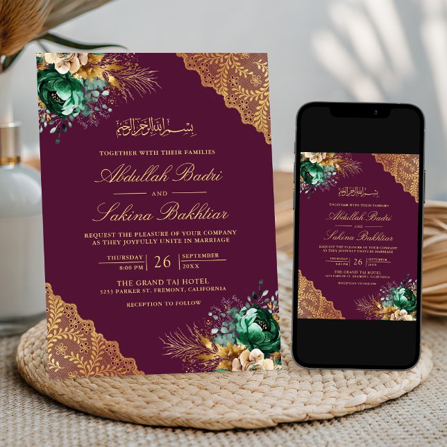 Emerald Floral Gold Lace Plum Muslim Wedding Invitation (Creator Uploaded)