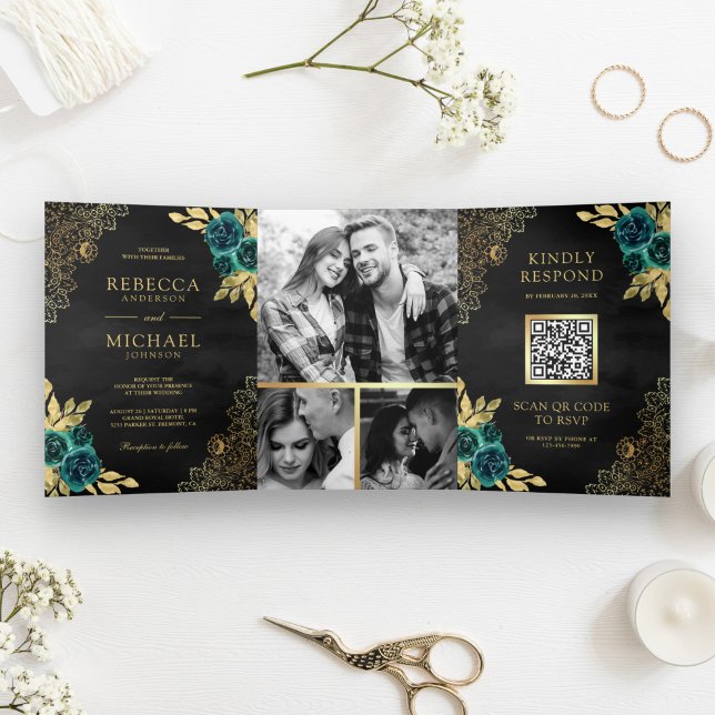 Emerald Floral Gold Lace QR Code Black Wedding Tri-Fold Invitation (Creator Uploaded)