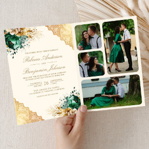 Emerald Floral Gold Lace QR code Cream Wedding Invitation