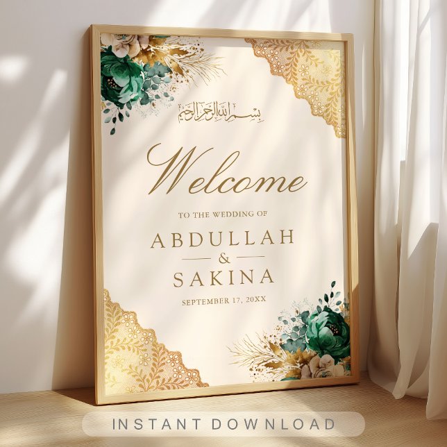 Emerald Floral Gold Muslim Wedding Welcome Poster (Creator Uploaded)