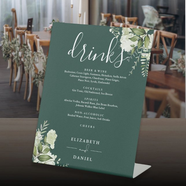 Emerald Floral Greenery Wedding Drinks Menu Pedestal Sign (Emerald Floral Greenery Wedding Drinks Menu Pedestal Sign)