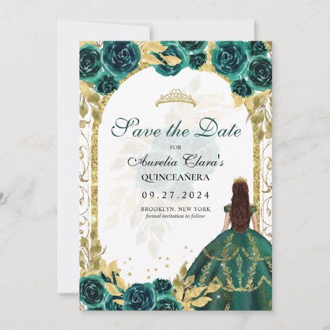 Emerald Floral Princess Gold Arch Quinceanera Announcement (Front)