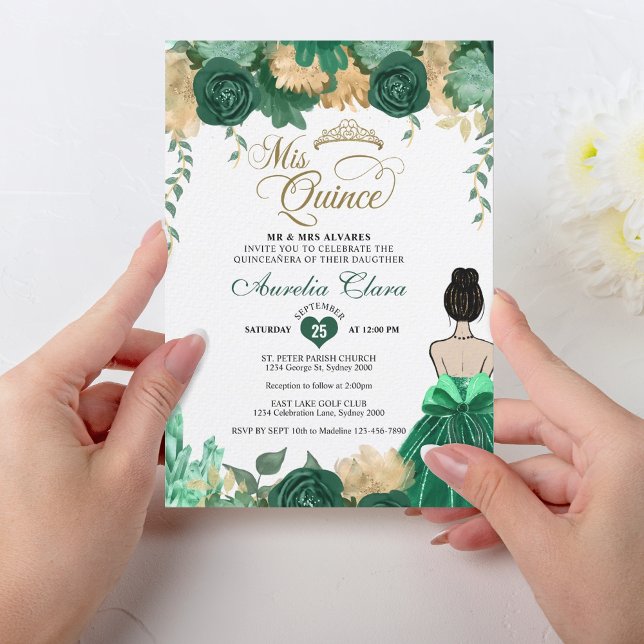Emerald Floral Princess Mis Quince Quinceañera Invitation (Creator Uploaded)
