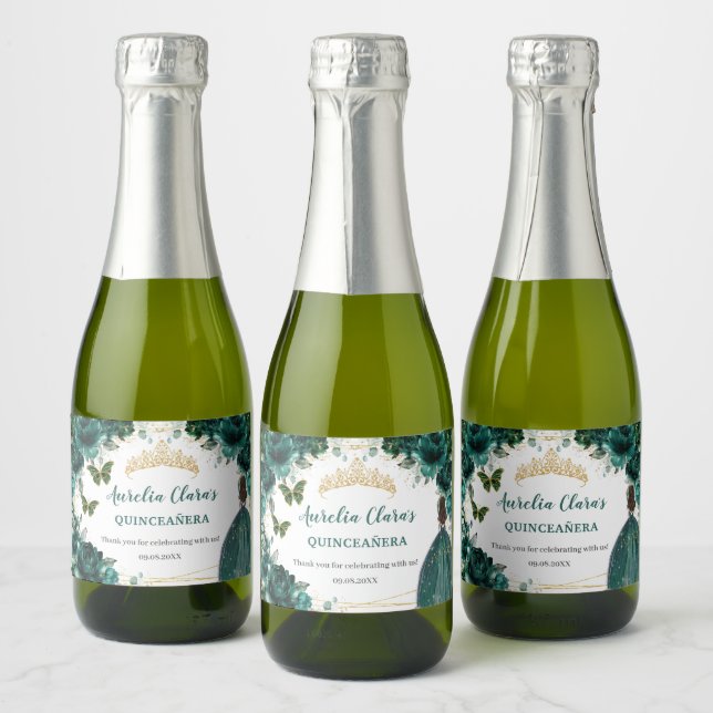 Emerald Floral Princess Quinceañera Birthday Favou Sparkling Wine Label (Bottles)
