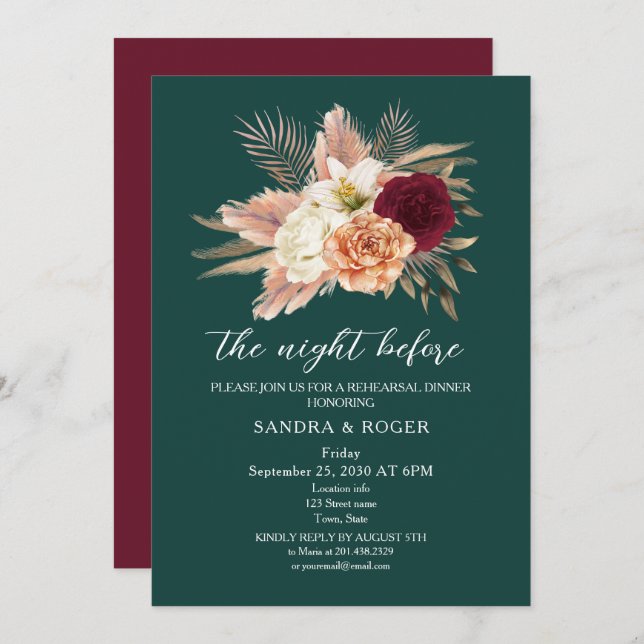 Emerald Floral Rehearsal Dinner Invite (Front/Back)