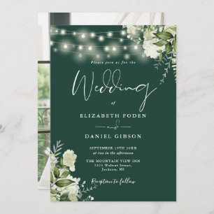 Emerald Floral String Lights Photo Wedding Invitation