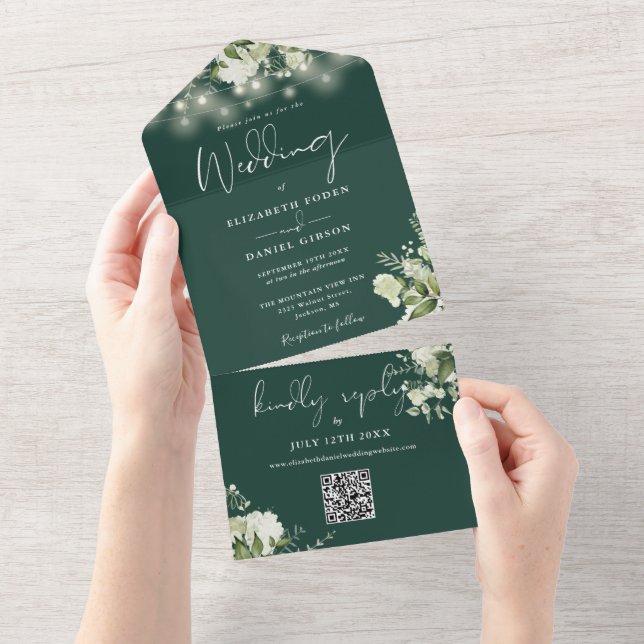 Emerald Floral String Lights QR Code Wedding All In One Invitation (Tearaway)
