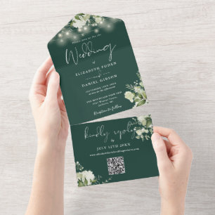Emerald Floral String Lights QR Code Wedding All In One Invitation