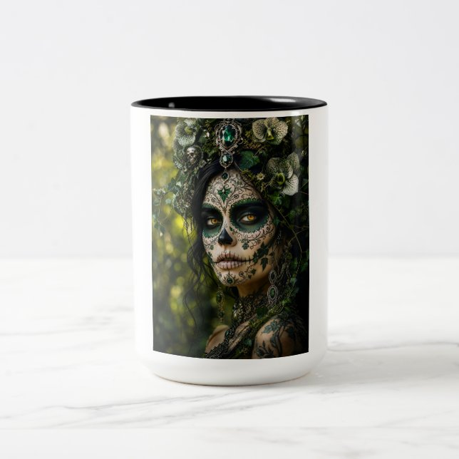 Emerald Forest Calavera – Green Botanical Two-Tone Coffee Mug (Center)