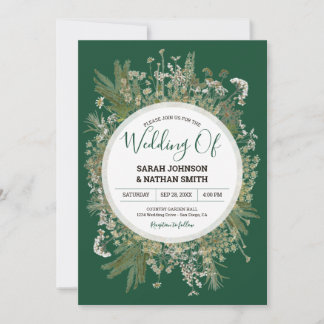 Emerald Forrest Green Faux Pressed Flowers Wedding Invitation