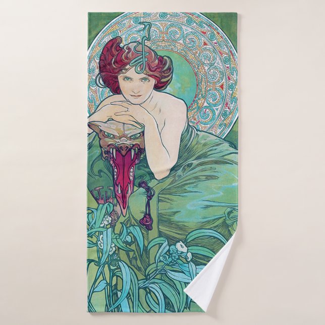 Emerald (Four Jewels), Alphonse Mucha Bath Towel (Bath Towel)