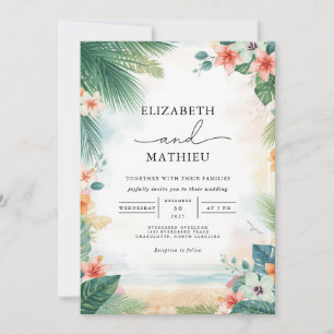 Emerald Frond Coral Bloom Wedding Invitation