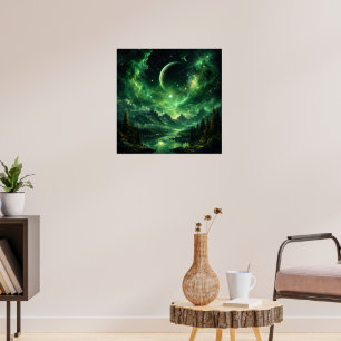 Emerald Galaxy Night Sky Over Mountain Forest Poster