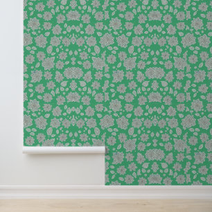 Emerald Garden: Whimsical White Floral Pattern Wallpaper
