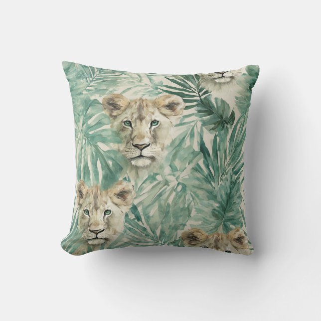 Emerald Gaze Lioness – Tropical Jungle Elegance Cushion (Front)