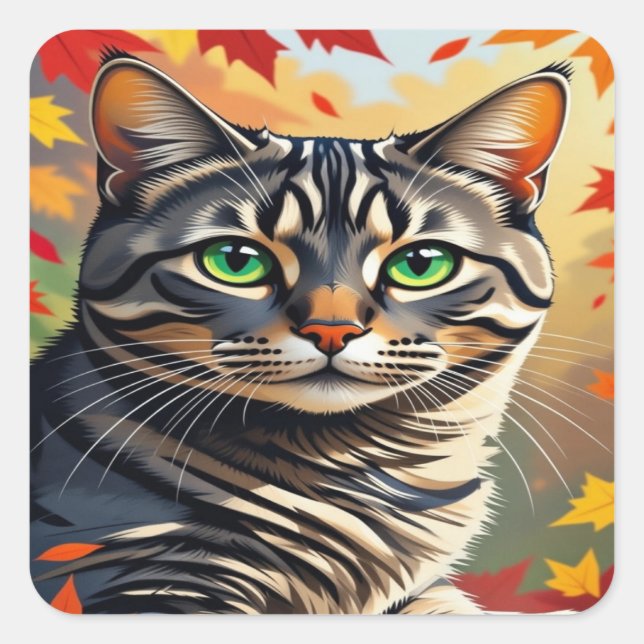 Emerald Gaze Tabby in Autumn Glow Square Sticker (Front)
