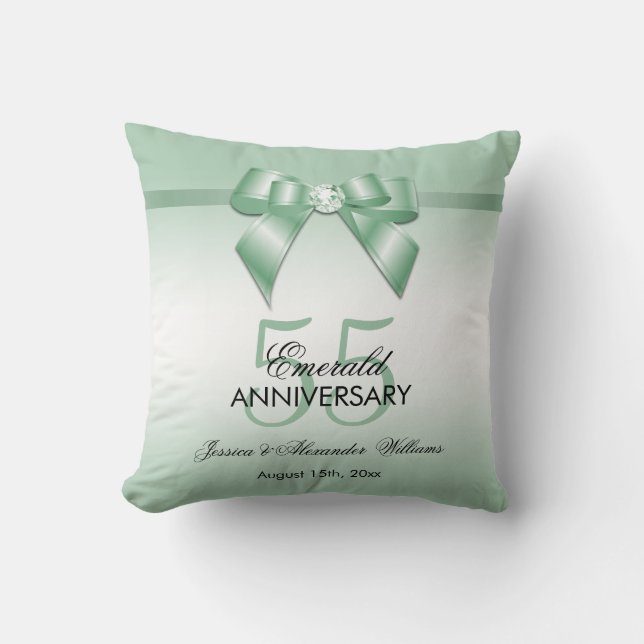 Emerald Gem Bow & Ribbon 55th Wedding Anniversary Cushion (Front)