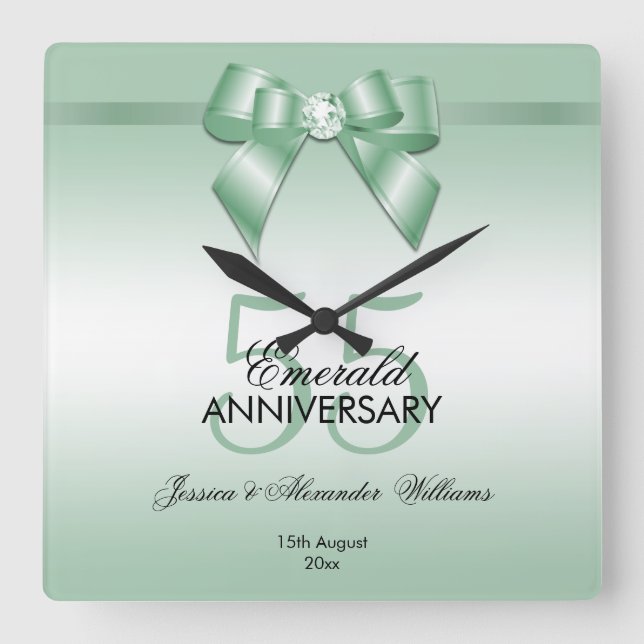 Emerald Gem Bow & Ribbon 55th Wedding Anniversary Square Wall Clock (Front)