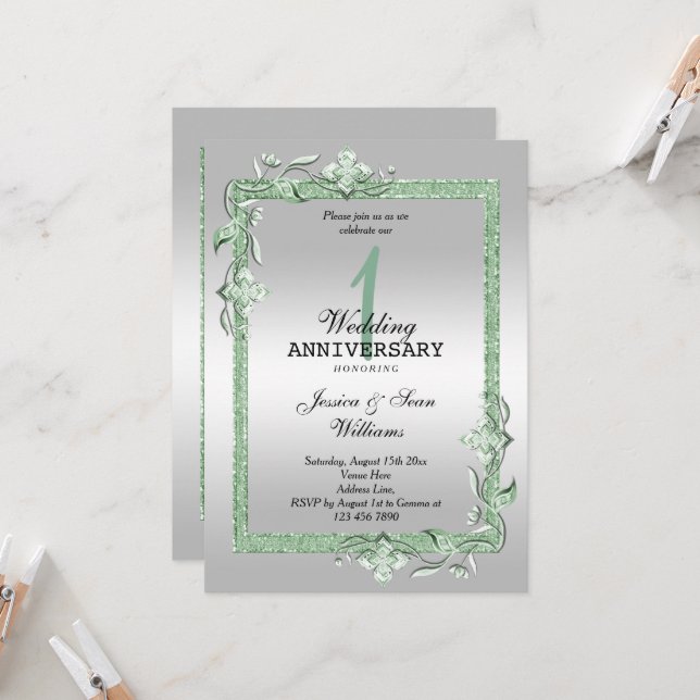 Emerald Gem & Glitter & Silver 1st Wedding Invitat Invitation (Front/Back In Situ)