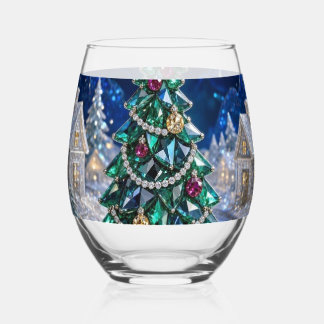 Emerald Gemstone Christmas Tree Diamond Village Stemless Wine Glass