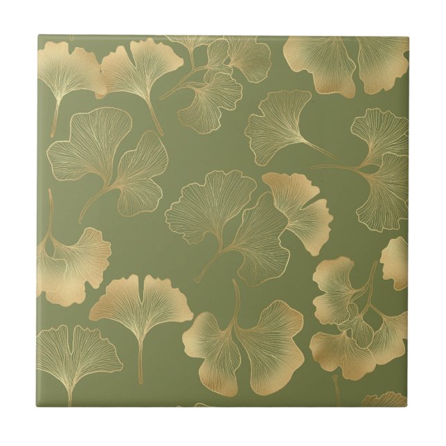 Emerald Ginkgo Elegance – Luxury Gold Botanical 9 Tile (Front)