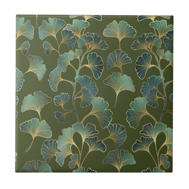 Emerald Ginkgo Elegance – Luxury Gold Botanical Tile (Front)