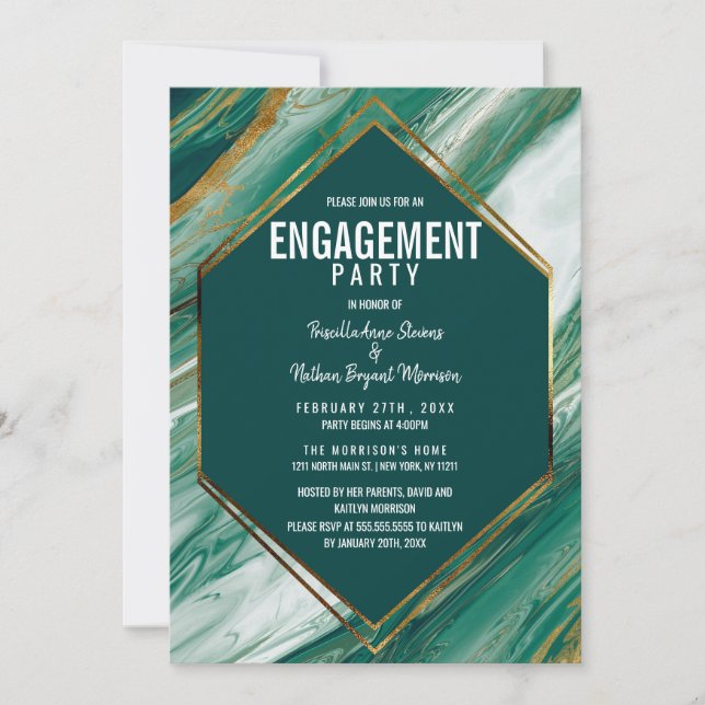 Emerald Gold Abstract Agate Marble Engagement Invitation (Front)