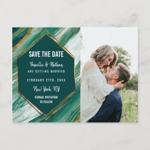 Emerald Gold Abstract Agate Marble Save the Date Announcement Postcard