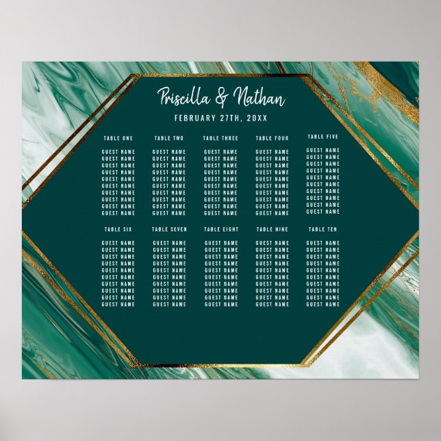 Emerald Gold Abstract Agate Marble Seating Chart (Front)
