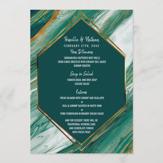 Emerald Gold Abstract Agate Marble Wedding Menu (Front)