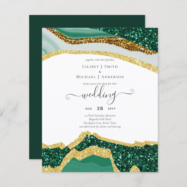 Emerald Gold AGATE - BUDGET Wedding Invitation (Front/Back)