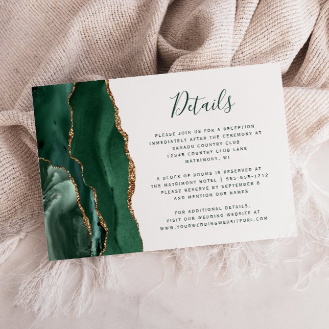Emerald Gold Agate Green Script Wedding Details Enclosure Card (Creator Uploaded)