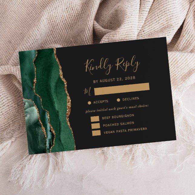 Emerald Gold Agate Meal Options Dark Wedding RSVP Card (Creator Uploaded)