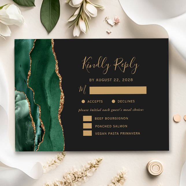 Emerald Gold Agate Meal Options Dark Wedding RSVP Card (Creator Uploaded)