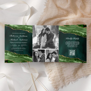 Emerald Gold Agate Photo Collage QR Code Wedding Tri-Fold Invitation