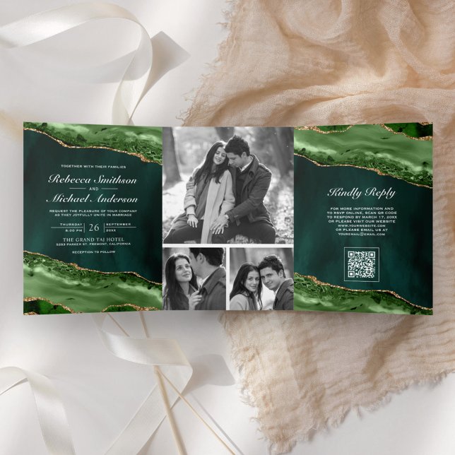 Emerald Gold Agate Photo Collage QR Code Wedding Tri-Fold Invitation (Creator Uploaded)