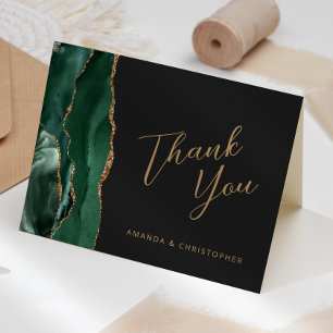 Emerald Gold Agate Script Dark Wedding Thank You Card