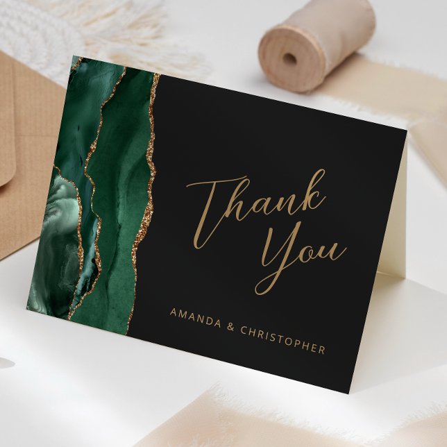 Emerald Gold Agate Script Dark Wedding Thank You Card (Creator Uploaded)