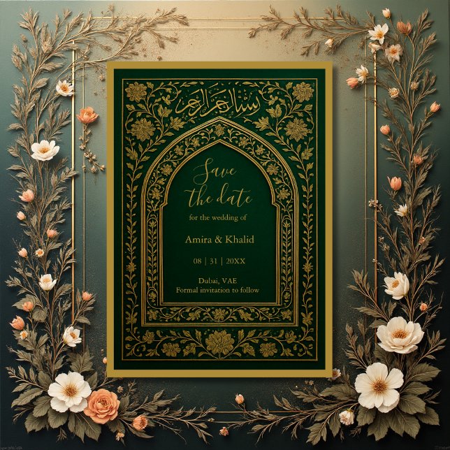 Emerald Gold Arabic arch Wedding save the date  Invitation (Creator Uploaded)