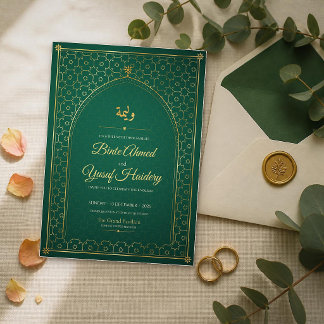 Emerald Gold Arabic Calligraphy Walima Reception Invitation