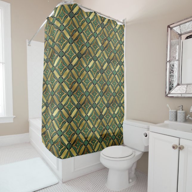 Emerald & Gold Art Deco Shower Curtain (In Situ)