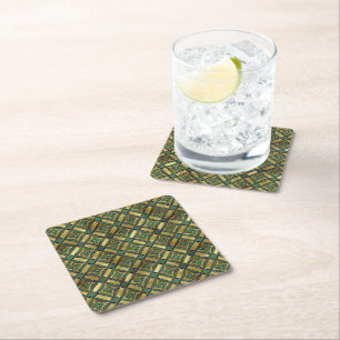 Emerald & Gold Art Deco Square Paper Coaster