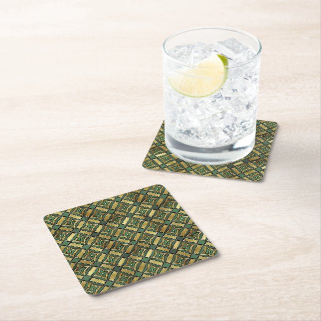 Emerald & Gold Art Deco Square Paper Coaster (Insitu)