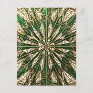 Emerald Gold Art Nouveau Leaf Mandala Postcard