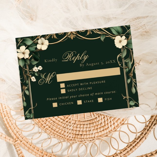 Emerald Gold Art Nouveau wedding meal choice RSVP Card (Creator Uploaded)