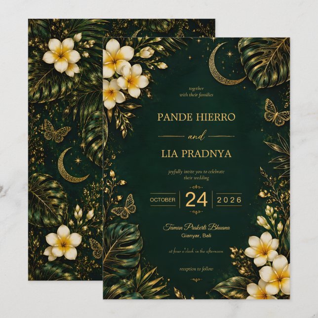 Emerald Gold Bali Tropical Wedding Invitation (Front/Back)