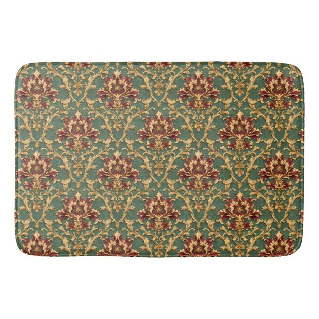Emerald Gold Baroque Damask Bath Mat (Front)
