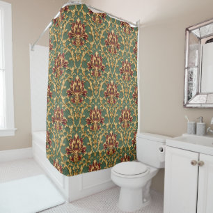 Emerald Gold Baroque Damask Shower Curtain