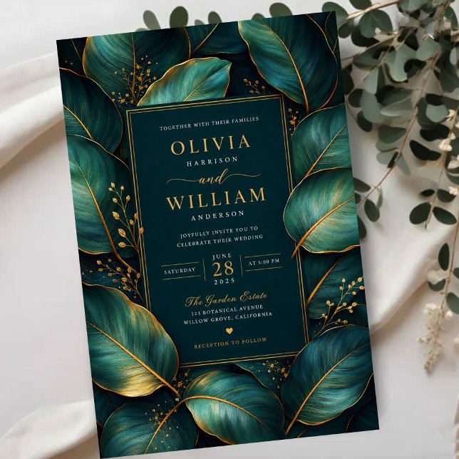 Emerald Gold Botanical Luxury Green Leaf  Acrylic Invitations (Creator Uploaded)